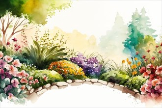 Serene watercolor landscape of a garden with a bridge and pastel-toned flowers, Spring garden
