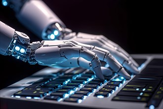 Hands of artificial intelligence robot typing on keyword. Chat and text AI concept. KI generiert,