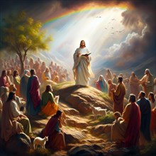 Jesus Christ proclaims the Sermon on the Mount, symbolic image myth, religion, saviour,
