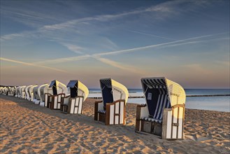 Beach chairs set up in the morning sun on Zingst beach