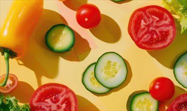 Cucumber, tomato and bell pepper on a yellow background. AI generated