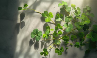 Green leaves of clover with shadow on the white wall. Top view. AI generated