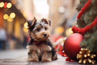 Cute small dog next to Christmas tree with huge red baubles in street. KI generiert, generiert AI