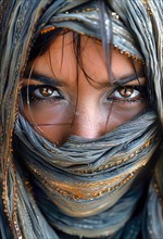 Young Muslim woman with expressive brown eyes and wearing a traditional headscarf called a hijab,