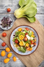 Vegetarian salad of pac choi cabbage, kiwi, tomatoes, kumquat, microgreen sprouts on gray wooden