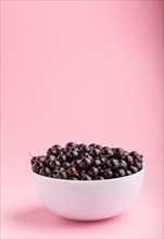Fresh black currant in white bowl on pink background. side view, copy space