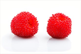 Two ripe red tibetian raspberry isolated on white background. side view, close up