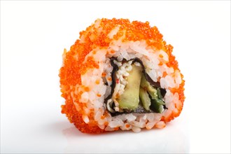 Japanese maki sushi rolls with flying fish roe isolated on white background. Side view, close up,