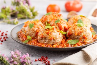Pork meatballs with tomato sauce, oregano leaves, spices and herbs on blue ceramic plate on a gray