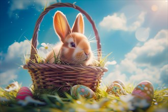 Cute Easter bunny sits beside a basket filled with colorful, decorated eggs amidst a vibrant green
