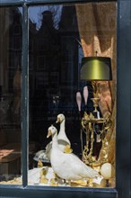 Shop window with geese, historical, market, junk, retail, shopping, buy, decoration, display,
