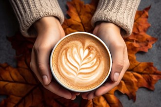 Top view of woman's hands with sweater holding coffee mug with latte art surrounded by autumn