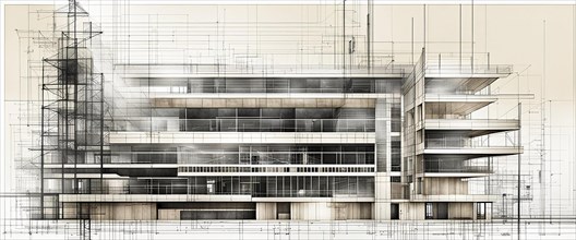 Monochrome architectural schematic of a residential building design, horizontal aspect ratio, off