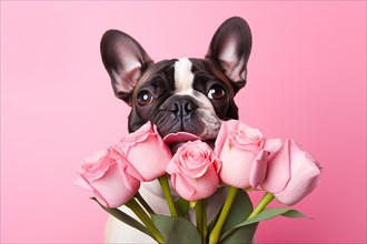 Black and white French Bulldog dog with bouquet of pink rose flowers. KI generiert, generiert AI
