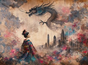 Abstract mural style artwork of a geisha with a dragon among clouds over a cityscape in warm