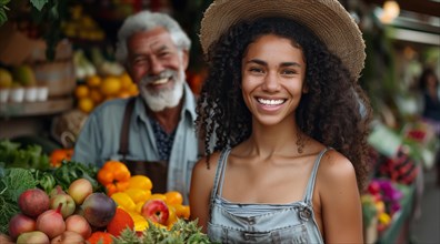 Young woman with a sunny smile wearing a straw hat at an outdoor fruit stand, ai generated, AI