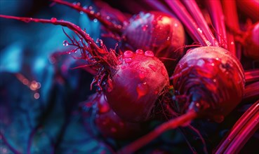 Beetroots with drops of dew on a dark background AI generated