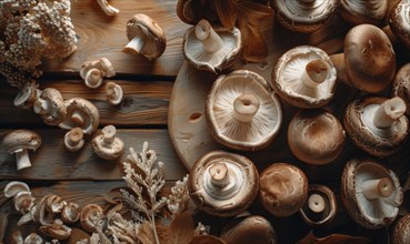 Mushroom champignons on a wooden background. Healthy food AI generated
