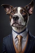 A dog in a formal suit and tie portrays a humorous anthropomorphic character, over grey solid