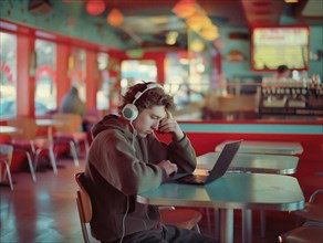 A young man with headphones is focused on his laptop in a colorful retro diner, boy with headphones
