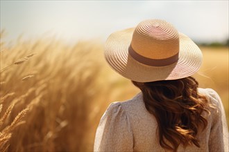 Back view of woman with summer straw hat in front of grain field. KI generiert, generiert AI
