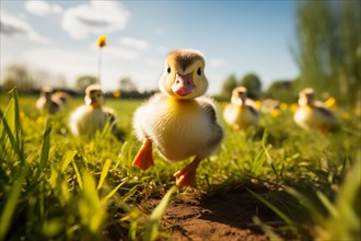 A close-up of a cute duckling standing in a sunlit meadow, with other ducklings and wildflowers in