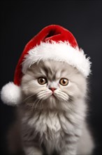 Portrait of cute Persian cat with Santa Claus Christmas hat in front of black background. KI