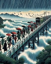 Artistic illustration of commuters walking on a bridge crossing a river, with umbrellas during a