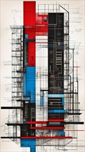 A stylized abstract artwork with architectural blueprint elements in red, black, and white,