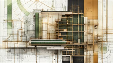 Technical illustration of a modern building with green and beige overlay palette, horizontal aspect