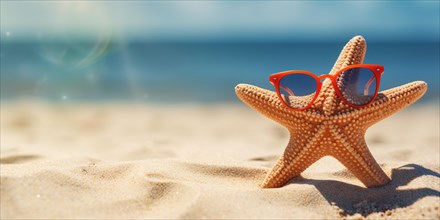 Banner with funny starfish with red sunglasses on sandy beach with ocean in background. KI