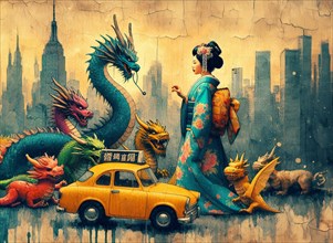 A vintage-style fantasy mural of a geisha with dragons in a colorful skyline cityscape, shunga