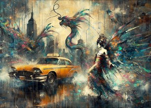 Surreal artwork of a winged figure by a vintage car against a city backdrop, japanese themed shunga