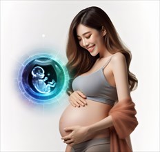 A pregnant young woman with the ultrasound image of her unborn baby in the womb, symbolic image