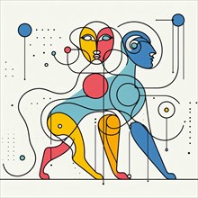 Colorful and abstract geometric representation of a monkey's face, continuous line art, creature is