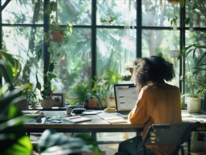 A woman works on a computer at a desk surrounded by lush green plants in a sunlit room, african