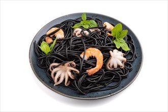 Black cuttlefish ink pasta with shrimps or prawns and small octopuses isolated on white background.