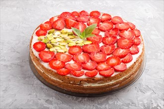 Homemade cake with yoghurt cream, strawberry and pistachio on a gray concrete background. side