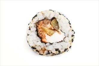 Japanese maki sushi rolls with salmon, sesame, cucumber isolated on white background. Top view,