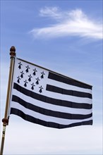 Flag of Brittany, also known as Gwenn ha Du, blowing in the wind, Brittany, France, Europe