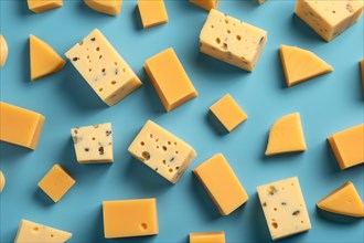 Top view of pieces of cheese on blue background. KI generiert, generiert AI generated