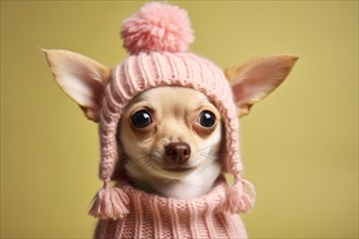 Small Chihuahua dog with pink knitted winter hat on yellow background. KI generiert, generiert AI