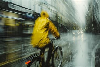 Blurred cyclist in yellow jacket moving through heavy rain in city traffic due to motion blur, AI
