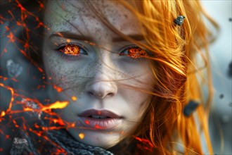 Portrait of a woman with fiery red burning eyes looks as if she has just emerged from the hot lava,