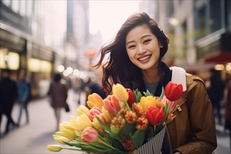 Young smiling Asian woman with large bouquet of tulip spring flowers in city street. KI generiert,