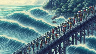 Dramatic art of crowd of people clutching umbrellas on a bridge with pounding waves below, AI