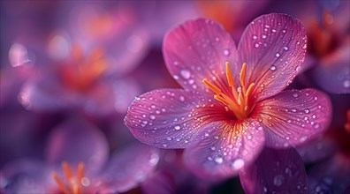 Saffron Purple flowers with dew drops and a dreamy soft focus effect, ai generated, AI generated