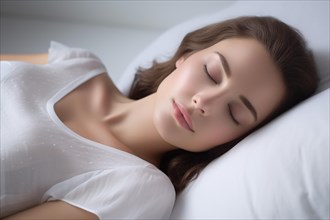 Young beautiful woman sleeping peacefully on white pillow. KI generiert, generiert AI generated