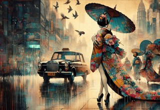 A geisha woman with long tail silky kimono dress with an umbrella waiting stopping past a vintage
