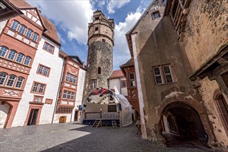New bower, keep, upper gatehouse, inner courtyard with theatre stage, Ronneburg Castle, medieval